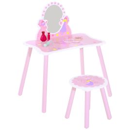 Kids Dressing Table with Stool - Wooden Mirror Fairy Design - Pink