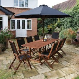 10 Piece Outdoor Dining Set Extendable Table, Folding Chairs, and Parasol