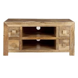 Delta Light Mango Wood 110cm TV Unit with 4 Drawers and Open Shelf - Light Wood Tone