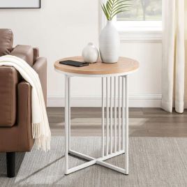 Metal Slatted Round Shape Wood Top Side End Table 2 x 45cm