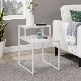 2 Tier Solid Metal Frame Rustic Industrial Wood Side End Table - White