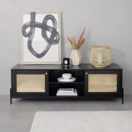 Rattan Design Dark Mango Wood TV Unit 145cm with 2 Doors and Open Shelf - Black
