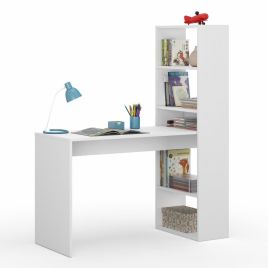Compact Double Computer Desk Table with Bookcase - Matt White