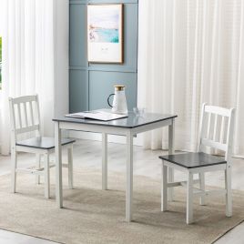 Traditional Style Classic Solid Wooden Dining Table with 2 Chairs - Grey, White