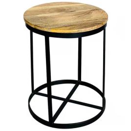 Tracey Industrial Iron 41cm Round Mango Top Lamp Table - Light Wood Tone