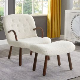 Sherpa Armchair and Footstool Set with Wooden Legs White
