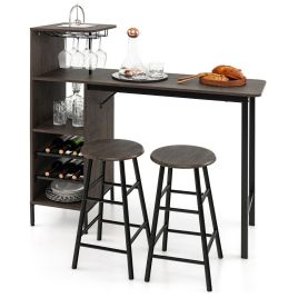 Industrial Style 3PCS Bar Table and 2 Stool Set With Wine Rack Glass Holder - Brown