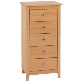 ONTARIO Pine Finish Chest of Drawers - Tallboy, Small-sized, 5 Drawers