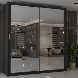 Sliding Wardrobe - CHICAGO II 2 Door Mirrored Wardrobe Black - 150cm