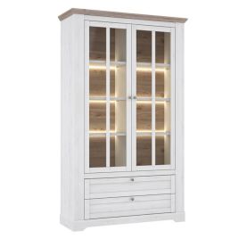 Launceston 2 Glass Door Display Unit with 2 Drawers - Oak Nelson with Snowy Oak