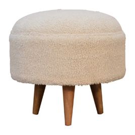 Nordic Style Round Footstool with Curled Cotton Fabric and Solid Wood Legs