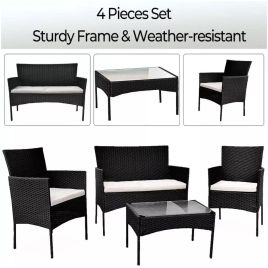 Garden Furniture 4 Piece Black Rattan Set with Table Chairs Sofa Wicker - Black