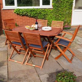 Plumley Outdoor Stained Finish Foldable Six Seater Dining Set with Grey Cushions