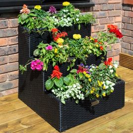 Three Tier Poly Rattan Planter with Removable Liners - Black Weave