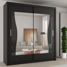 Sliding Wardrobe - HEFFNER 2 Door Mirrored 120cm Wardrobe - Black
