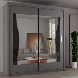 Sliding Wardrobe - HEFFNER 2 Door Mirrored 203cm Wardrobe - Grey