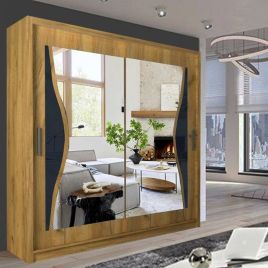 Sliding Wardrobe - HEFFNER 2 Door Mirrored 180cm Wardrobe - Walnut