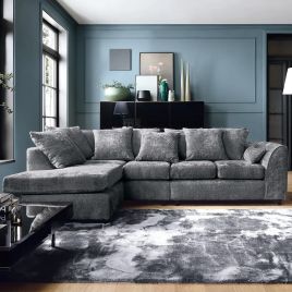 Corner Sofa - HENRY Crushed Chenille Fabric 5 Seater L-Shaped Sofa Left Hand Facing - Dark Grey