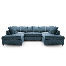 Corner Sofa - HENRY Crushed Chenille Fabric 6 Seater U Shaped Sofa - Dark Blue