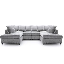 Corner Sofa - HENRY Crushed Chenille Fabric 6 Seater U Shaped Sofa - Light Grey