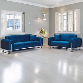 Herron Silver Metal Frame Plush Velvet 3 Seater and 2 Seater Sofa Set - Blue