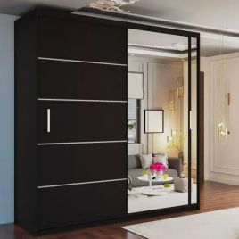 Sliding Wardrobe - KEYNES 2 Door Mirrored Wardrobe Black - 180cm