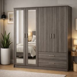 LISKEARD 4 Door Mirrored Wardrobe Grey Oak - 157cm