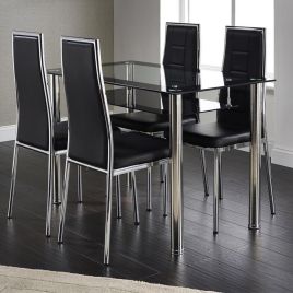 Maldon Chrome Dining Table with 4-Piece PU Chairs Set in Black