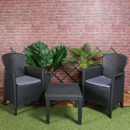 Outdoor Rattan 3 PCS Bistro Set with Table and Cushions - Black