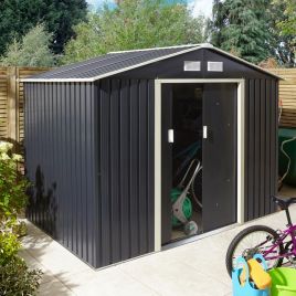 Tyson Double Sliding Door 8x6 Metal Apex Style Roof Shed - Dark Grey