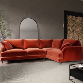 PAYTON Velvet 4 Seater L Shaped Dual Arm Corner Sofa - Burnt Orange, Right Hand Facing