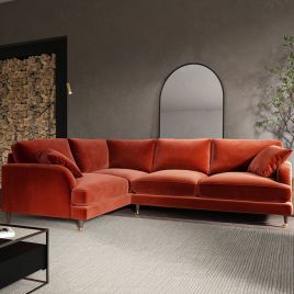 PAYTON Velvet 4 Seater L Shaped Dual Arm Corner Sofa - Burnt Orange, Left Hand Facing