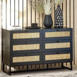 PETERLEE Black Rattan Chest of Drawers - Large-sized, 6 Drawers, Double