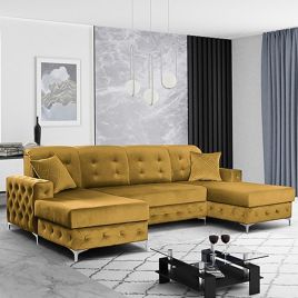 Corner Sofabed - STANLEY Velvet Fabric 4 Seater U Shaped Sofa - Mustard