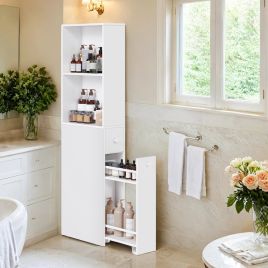 Tall Bathroom Cabinet - MARDA Slim Freestanding Storage with Drawers and Adjustable Shelf - White