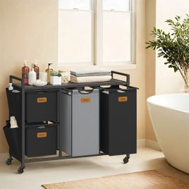 Laundry Sorter - MARDA 4 Compartment Rolling Cart with Shelf - Chestnut Brown