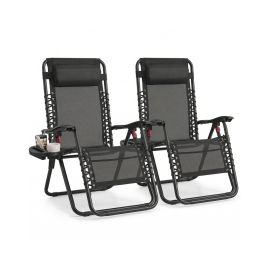 ELDFELL Set of 2 Folding Zero Gravity Reclining Chairs with Tray and Adjustable Headrest - Black