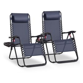 ELDFELL Set of 2 Folding Zero Gravity Reclining Chairs with Tray and Adjustable Headrest - Dark Blue
