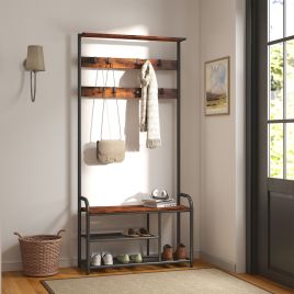 Coat Rack - TARVA Hall Tree with Bench and Shoe Storage 9 Removable Hooks - Rustic Brown