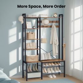 Hall Tree - TARVA Coat Rack Shoe Bench with 5 Shelves - Black