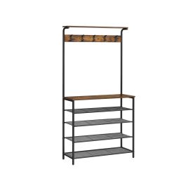 Clothes Rack - VELRO Industrial Rustic with Shoe Storage and Hooks - Black Brown