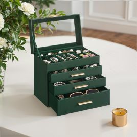 Jewellery Box - VERRIA 4 Tier Organizer with Glass Lid and 3 Drawer - Green