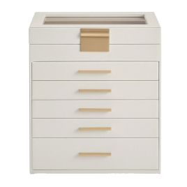 BIXEXE 6 Layer Jewellery Box with Glass Lid - White and Gold