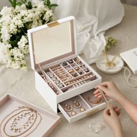 Jewellery Box - VERRIA 3-Layer Organizer with Glass Lid and 2 Drawers - White