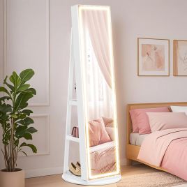 Jewellery Cabinet - VERRIA Standing LED Mirror Armoire Lockable Full-Length - White