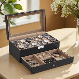 Watch Box - VERRIA 12 Slot Organizer Lockable Case with Glass Lid and Drawer - Beige