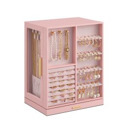 Jewellery Box - ARCVA Spin Rotating Organizer with 5 Drawers and Glass Window - Jelly Pink