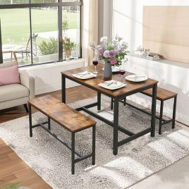 Table Benches - FINTTO Dining Room Seats Metal Frame Rustic Brown Black