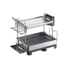 2-Tier Dish Rack for Kitchen Counter with Rotatable and Extendable Drain Spout