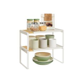 Spice Rack - LUSLIA Set of 2 Kitchen Organizer Shelves Light Bamboo - White
